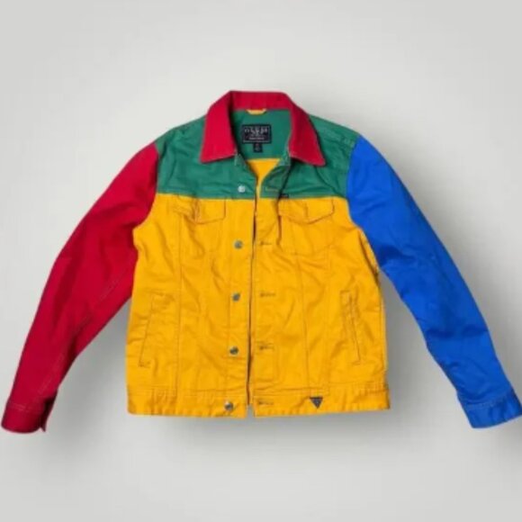 Guess J Balvin Vibras Denim Jacket Mens Medium Colorblock Y2K Moto Biker Trucker - Picture 1 of 12